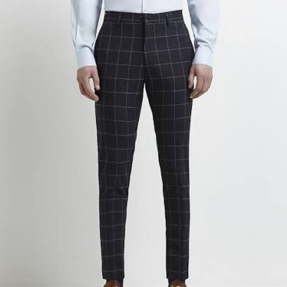 River Island navy white window pane wool blend dress pants 34 waist 32 inseam - Picture 1 of 6